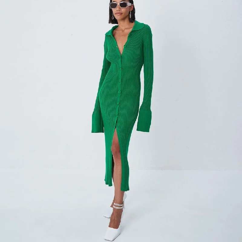 Chic Trend Collection Long Sleeve Split Trim Rib Knit Maxi Dress - Green