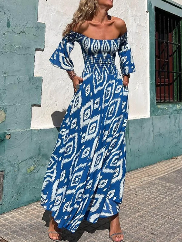 Minimalist Style Vacation Ethnic Print Smocked Graceful Off Shoulder Pocketed Maxi Dress