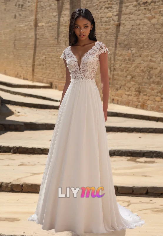 Premium Fabrics V-Neck Cap Sleeves Lace Appliques Pleated A-Line Beach Wedding Dress