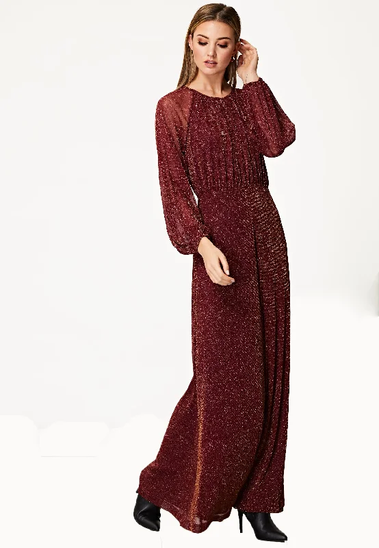 Seasonal Fashion Long Sleeve Chiffon Maxi Dress Gold Lurex Flecking in Burgundy