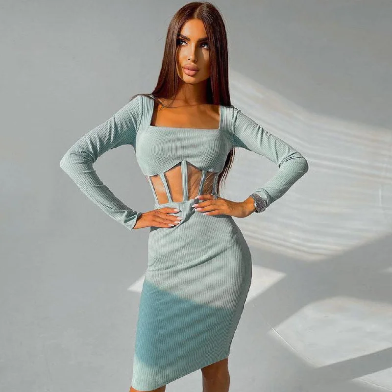 Trendy Threads Square Neck Long Sleeve Mesh Panel Rib Knit Midi Dress - Teal