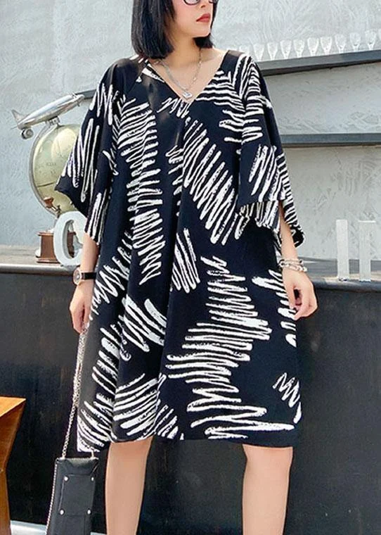 Vintage Fashion Stylish Black Print V Neck Summer Vacation Dress