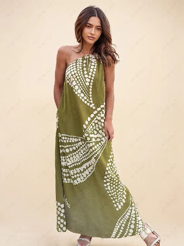 Stylish Savings Unique Polka Dot Print Graceful One Shoulder Pocketed Maxi Dress