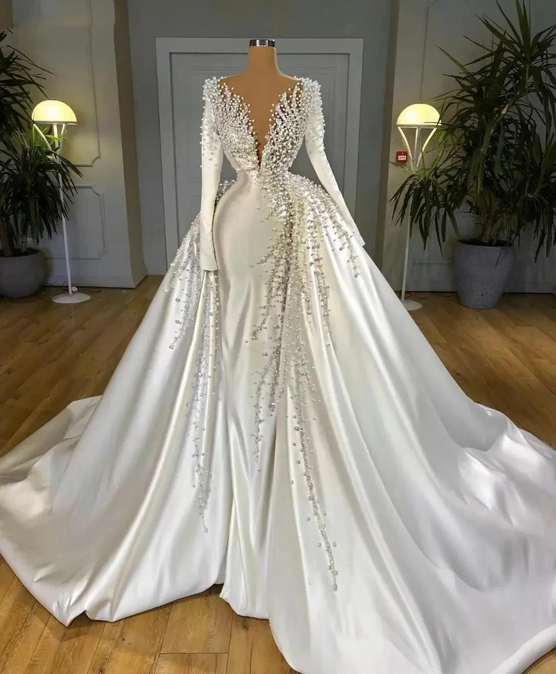 Comfy Women's Outfits for Daily Wear Gorgeous Pearls  Mermaid Wedding Dresses With Detachable Train Long Sleeves V Neck Formal Bridal Gowns Ivory Satin Church