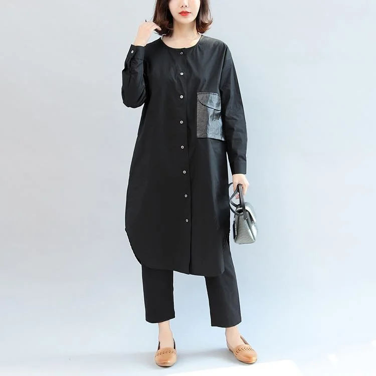 Fashionista Favorites black pockets patchwork cotton blouse oversize o neck shirt dress