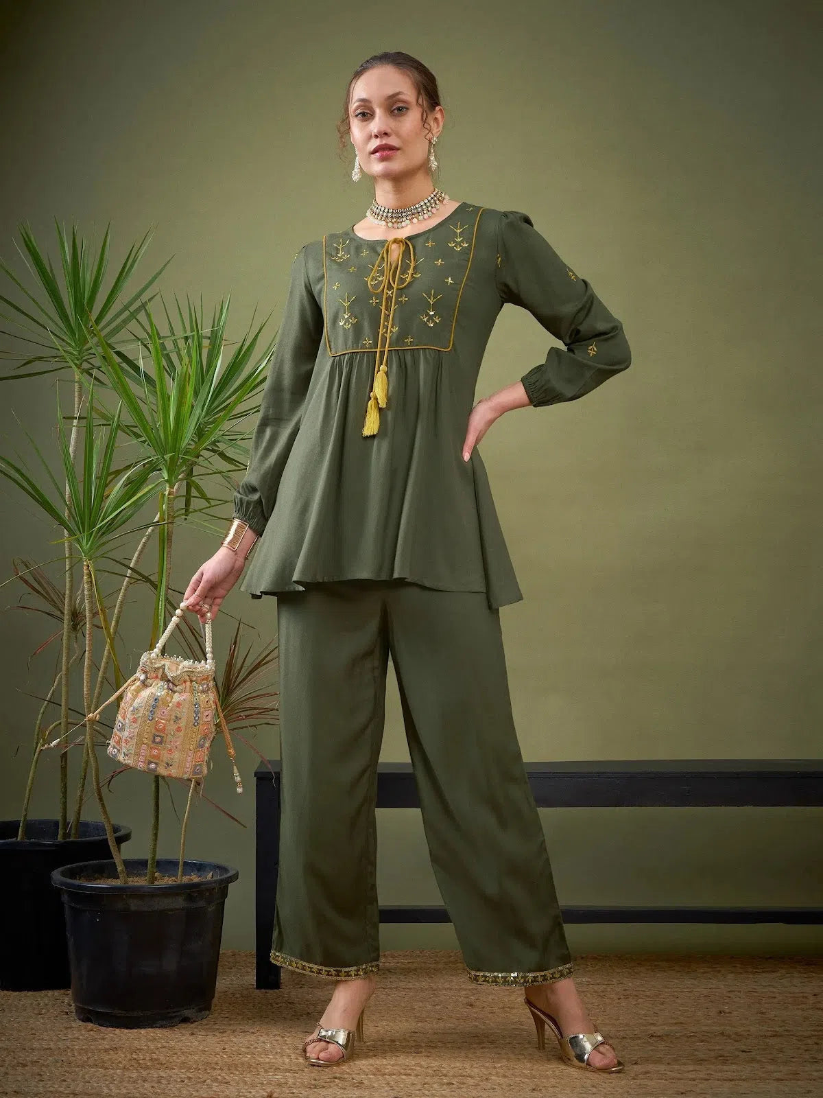 Insane Discount Onslaught Women Olive Embroidered Peplum Top With Palazzos