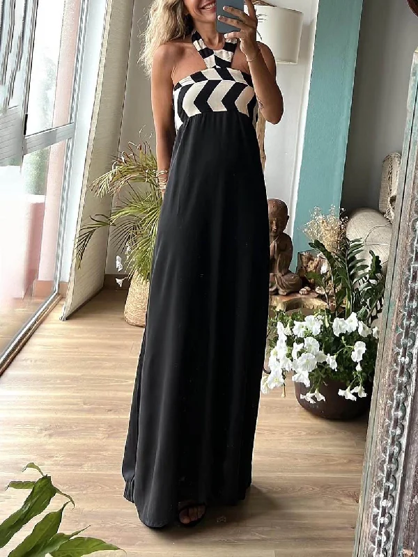 Timeless Elegance Unique Striped Print Charming Loose Halterneck Maxi Dress