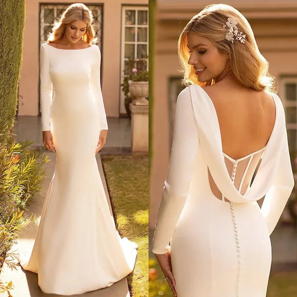 Special Offers, Don't Miss Elegant Mermaid Wedding Dresse Satin Cowl Back O-Neck Bridal Gown Simple White Long Sleeves Vestido de Novia 2024 Sweep Train