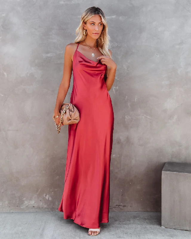 Clothes Sales Love Letter Satin Cowl Neck Maxi Dress - Rust