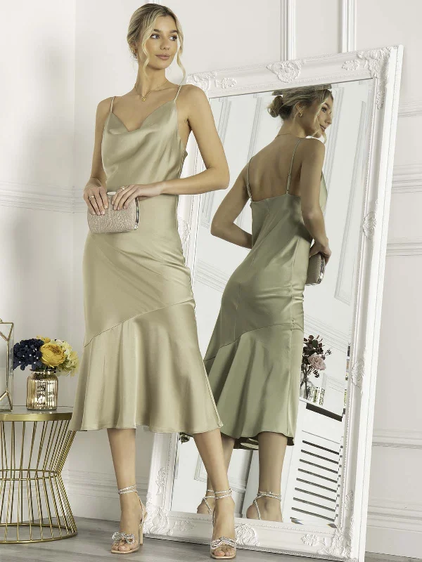 Seasonal Sale Jolie Moi Alaysha Cowl Neck Satin Dress, Light Olive