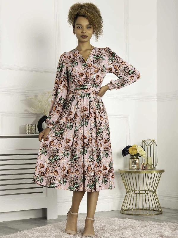 Elegant Clothing Jolie Moi Libby Long Sleeved Jersey Dress, Pink Floral