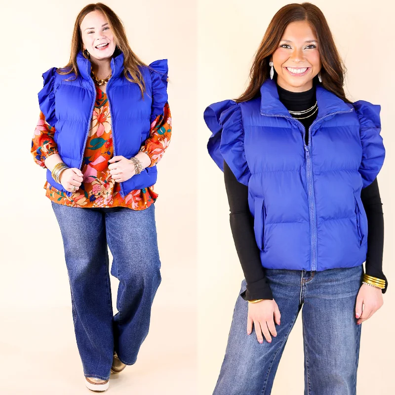 Women's Fashion Hotspots All Season Long Ruffle Sleeve Puffer Vest in Royal Blue