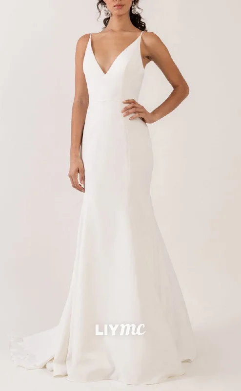 Wardrobe Refresh LW849 - V-Neck Spaghetti Straps Pleated Sleek Satin Beach Wedding Dress