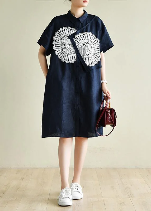 Trendy Casual Outfits Unique navy tunic dress o neck patchwork lace Art summer Dress