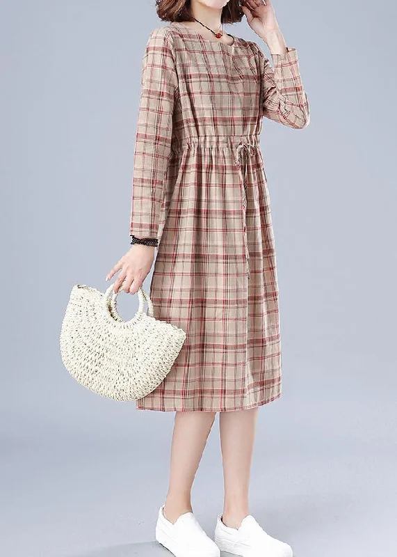 Seasonal Sale Women O Neck Drawstring Spring Clothes Ideas Nude Plaid Dresses