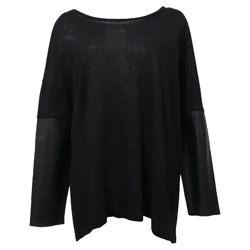 Women's Clothes Sandro Scoop Neck Top with Leaver Sleeves in Black Linen