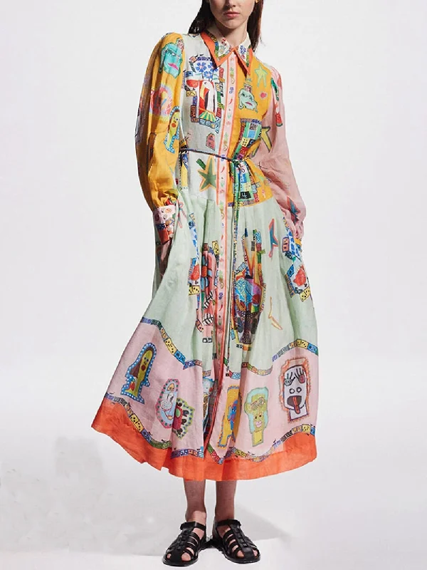 Bold Fashion Unique Print Colorblock Balloon Graceful Sleeve Belt Shirt Midi Dress