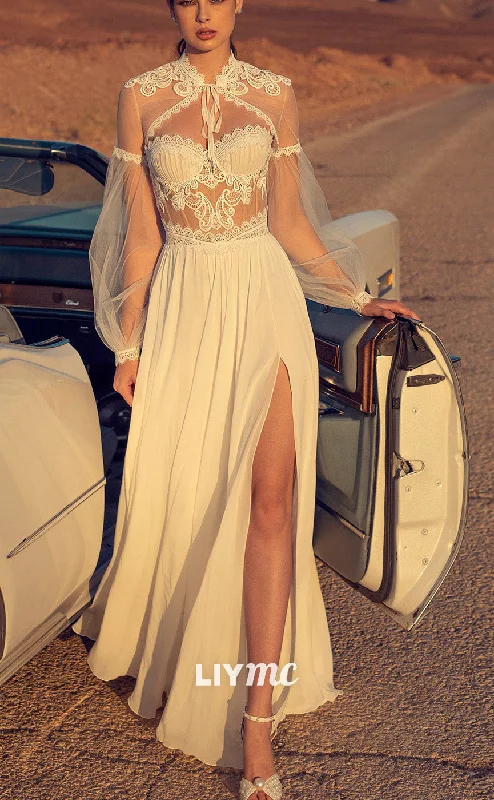 High-End Women's Apparel LW908 - Sweetheart Long Sleeves Appliques Pleated A-Line Side Slit Boho Wedding Dress