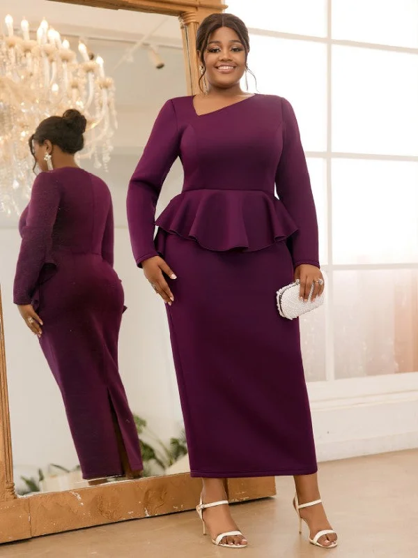 Weekend Exclusive AOMEIDRESS Purple Pencil Dress Asymmetrical Neck Long Sleeves Ruffles