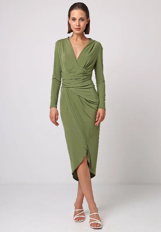 Comfortable Casual Wear Bodycon Wrap Midi Dress With Long Sleeves In Khaki