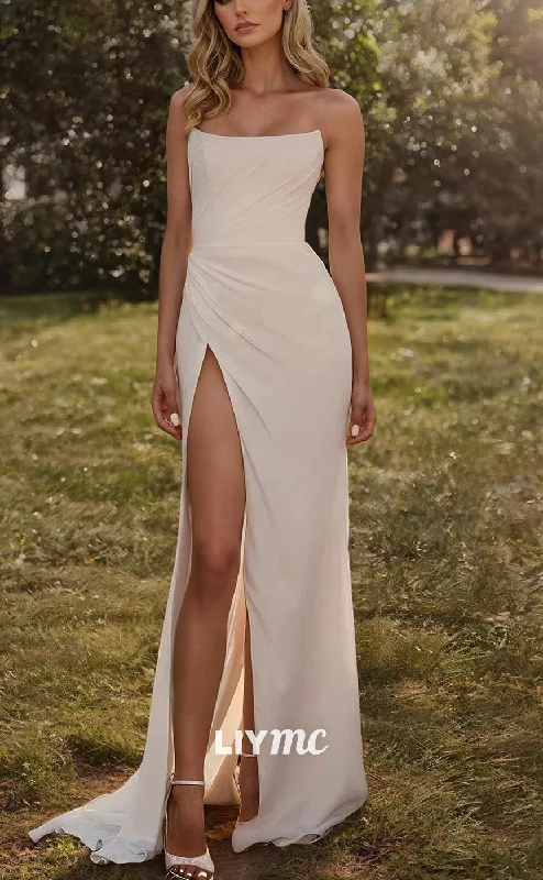 Step Ahead, Lead The Trend LW929 - Scoop Sleeveless Pleated High Slit Sleek Satin Beach Wedding Dress