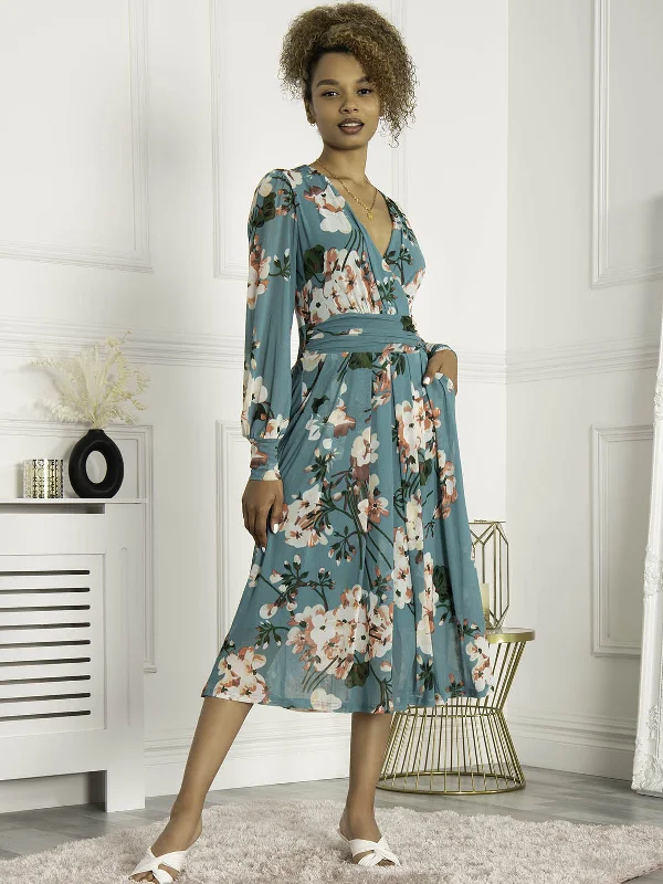 Timeless Elegance Redefined Jolie Moi Jasmine Long Sleeve Mesh Dress, Green Floral