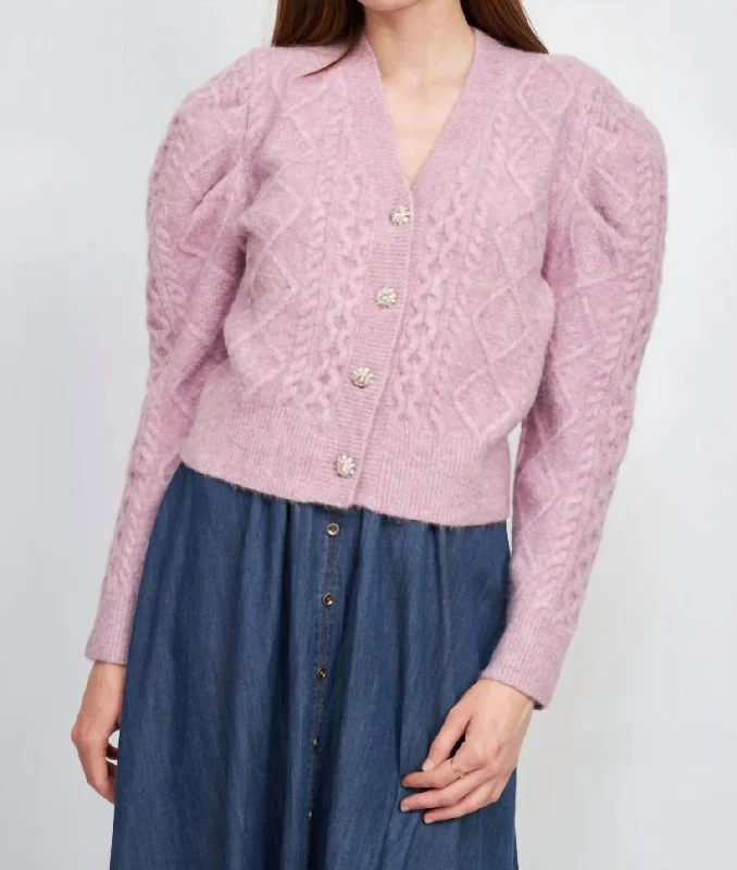 Online Boutique Stores Sirka Cable Knit Puffed Sleeve Cardigan In Lilac