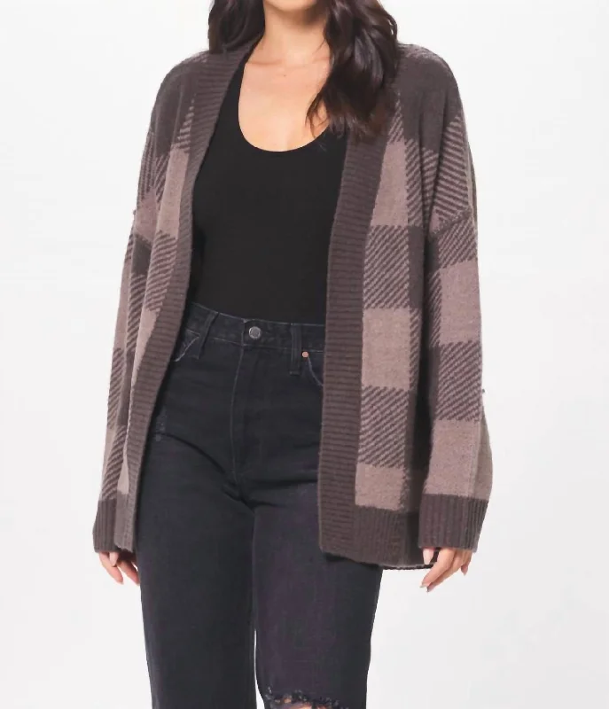 Elegant Style Plaid Checker Soft Knit Cardigan In Taupe