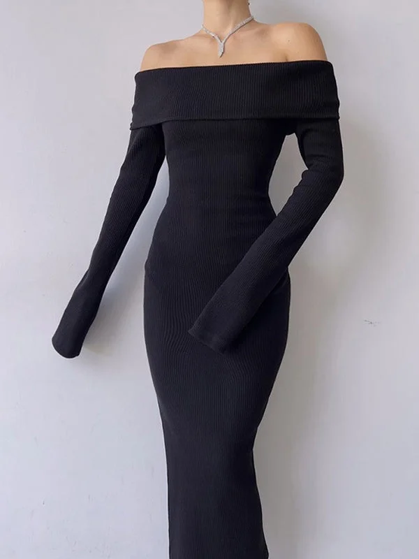 Casual Fashion Off Shoulder Black Long Sleeve Knitted Maxi Dress