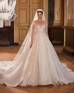 New Season Fashion Preview Crystal Long Sleeve Wedding Dress Shiny Ball Gown Court Train Princess Bride SwanSarah M108 Plus Size Vestido De Novia