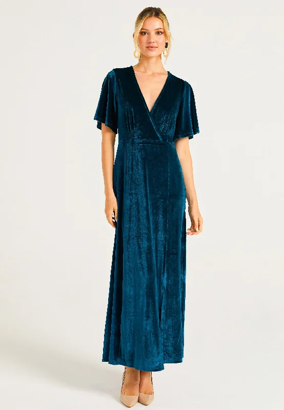 Graceful Fashion Velvet Flutter Sleeve Faux Wrap Dress With Slit in Teal