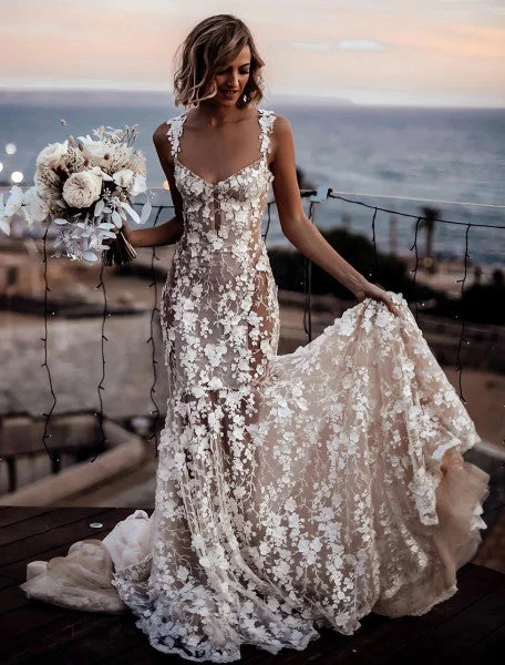 Forward Trendsetter DREAM Luxury 3D Lace Appliques Mermaid Wedding Dresses Sweetheart Spaghetti Straps Backless Bride Gown Floral Beach Boho Bridal