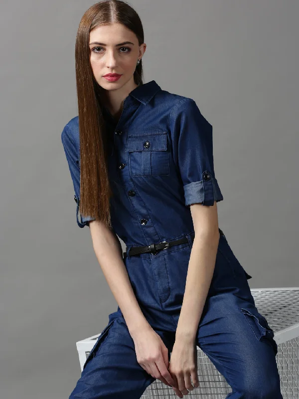 Quality Wear Women Shirt Collar Solid Navy Blue Basic Jumpsuit-LT-206-Navyblue