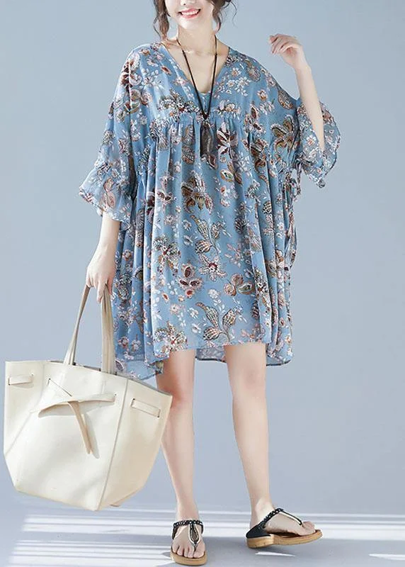 End Of Season Clearance Plus Size Blue V Neck Loose Print Summer Chiffon Long Dresses Half Sleeve