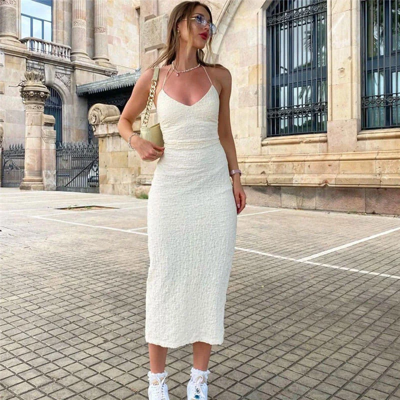 New Arrival Discounts Sweet Textured Split Trim Low Back Sleeveless Halter Midi Dress - White