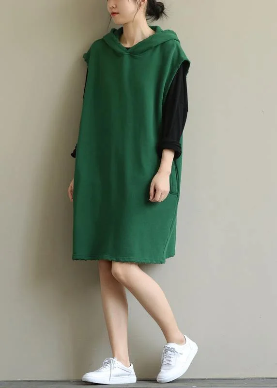 Elegant Clothing Chic hooded pockets fall Tunic Sleeve green Dress