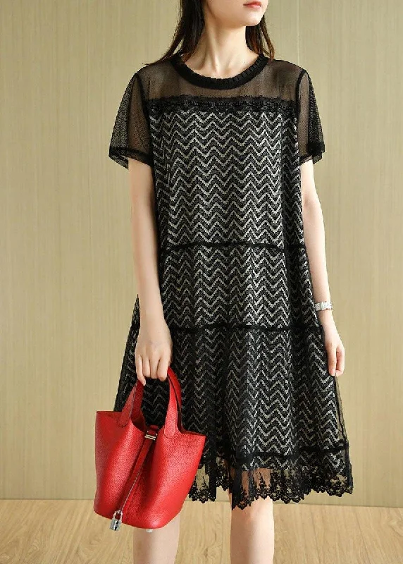 Fashion Deal Boho Black O-Neck Tulle Patchwork Summer Long Dresses Short Sleeve