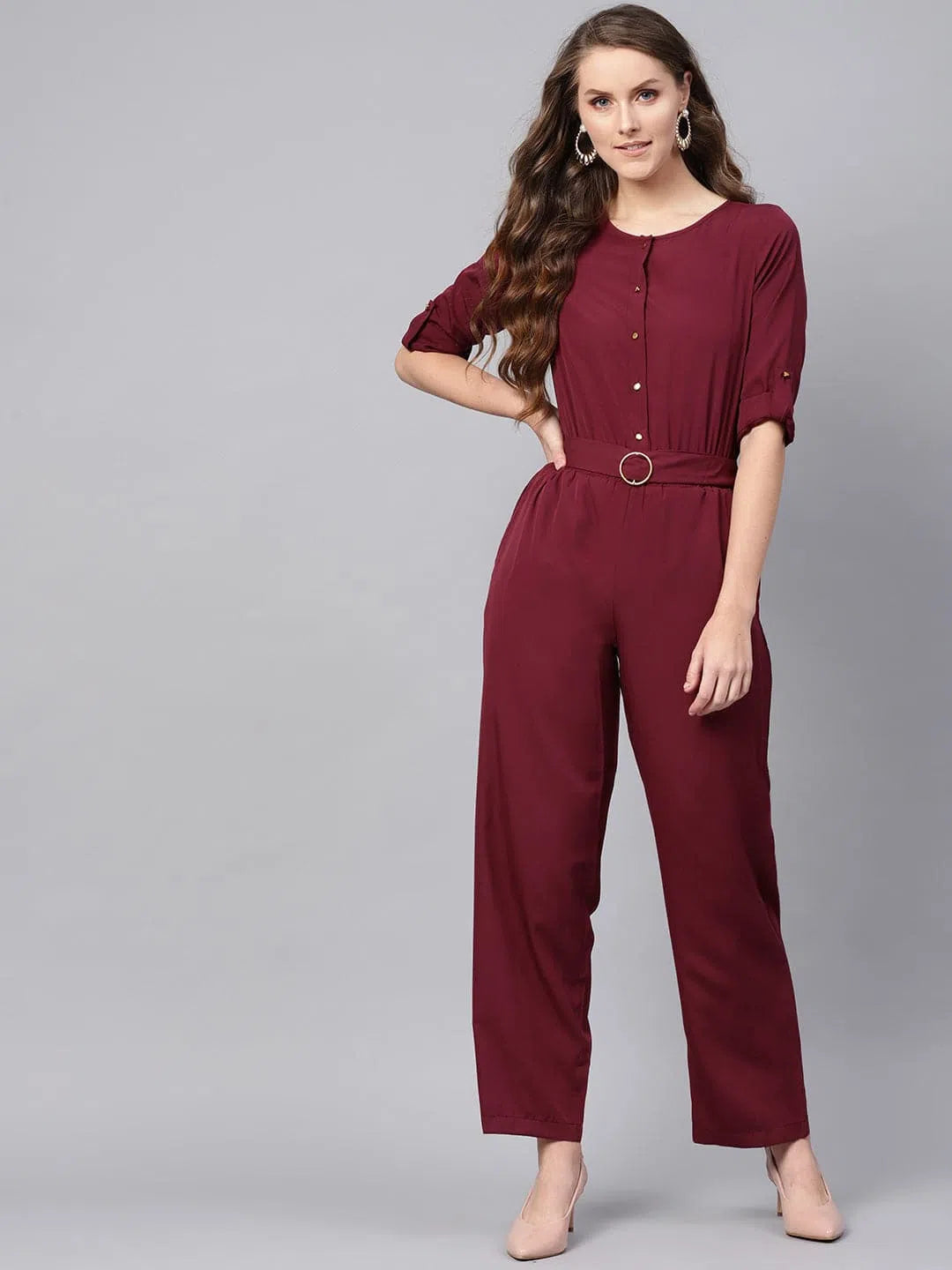 Your Timeless Wardrobe Awaits Women Solid Maroon Jumpsuits & Sets