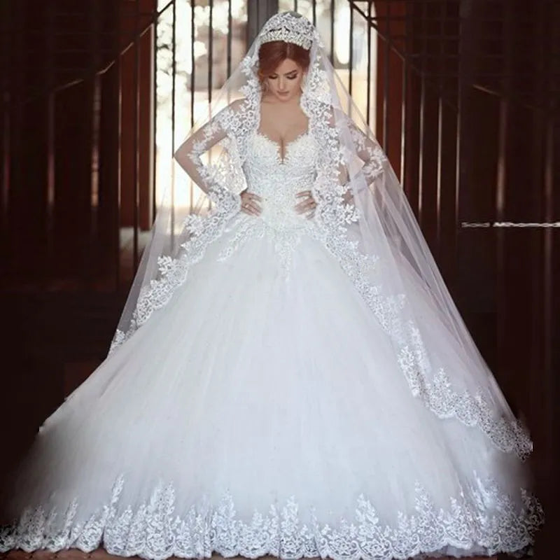 Casual Chic A-Line Luxury Princess Wedding Dresses  Long Sleeve Lace Charming Bride Dress For Women