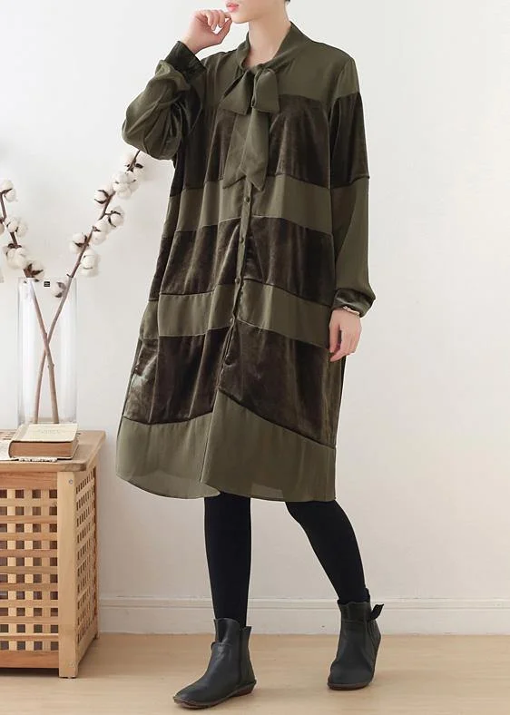 Versatile Women's Fashion Simple patchwork Bow Cotton clothes Women Fashion Ideas army green Dresses fall