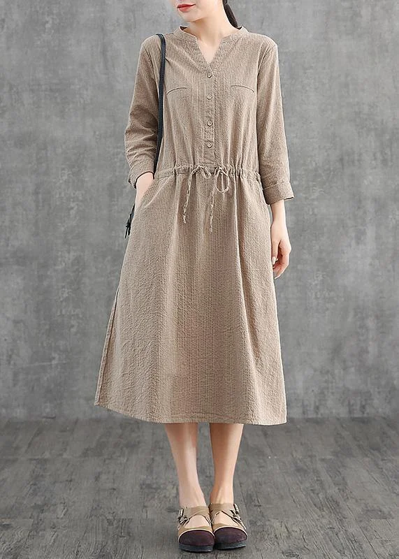 Minimalist Style Simple v neck drawstring cotton Soft Surroundings Neckline khaki striped Dress