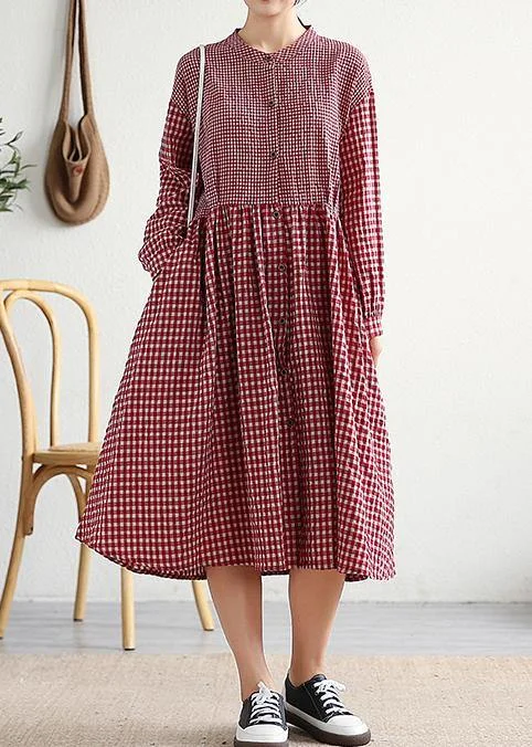 Street Style Fashion Women red plaid cotton linen clothes o neck patchwork cotton Dresses