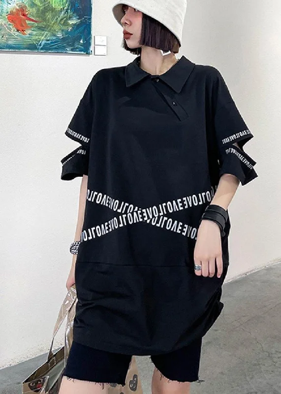 Sales Clothes Plus Size Black Asymmetrical Design Graphic Cotton Summer Holiday Dress