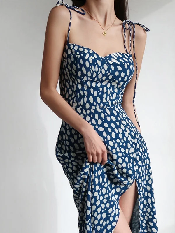 Women Clothes Dalmatian Print Tie Strap Split Maxi Dress