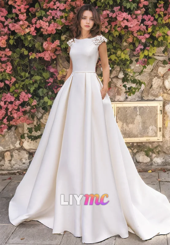 Chic Style, Always In Vogue LW909 - Scoop Cap Sleeves Floral Embellished A-Line Sleek Satin Wedding Dress