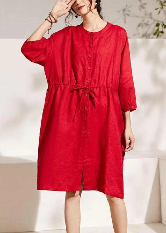 Chic And Comfortable Unique Red lantern Sleeve Tie waist Button Summer Ramie Vacation Dresses Half Sleeve