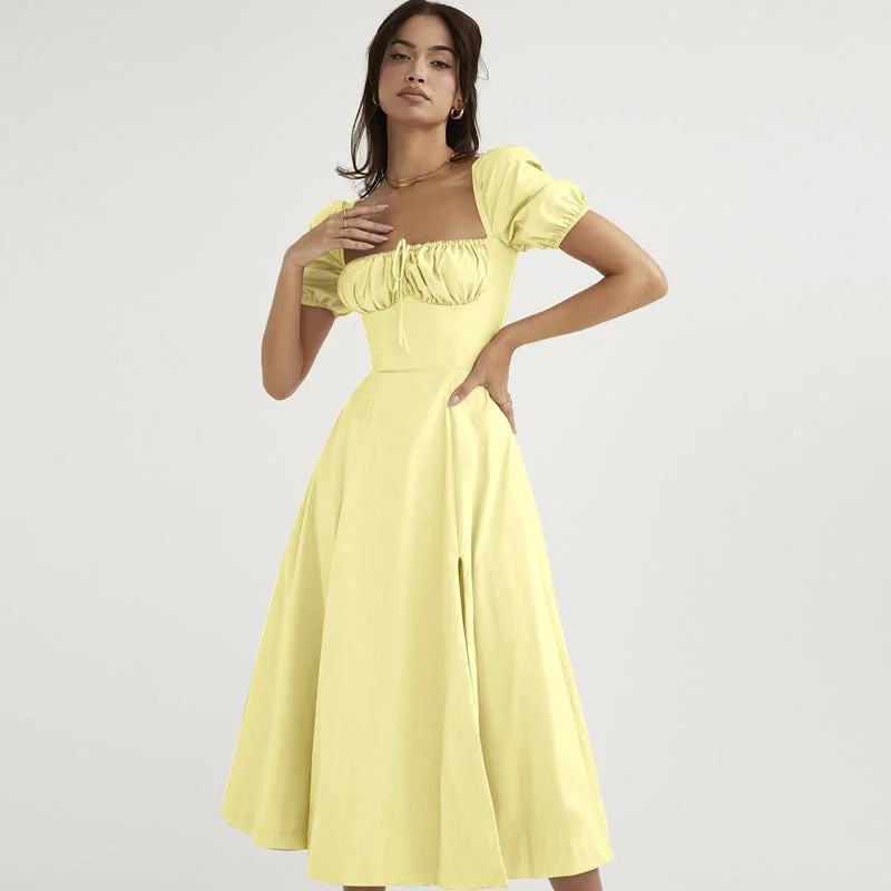 Hot Trends Puff Sleeve Tie Front High Split Off Shoulder Midi Sundress - Yellow