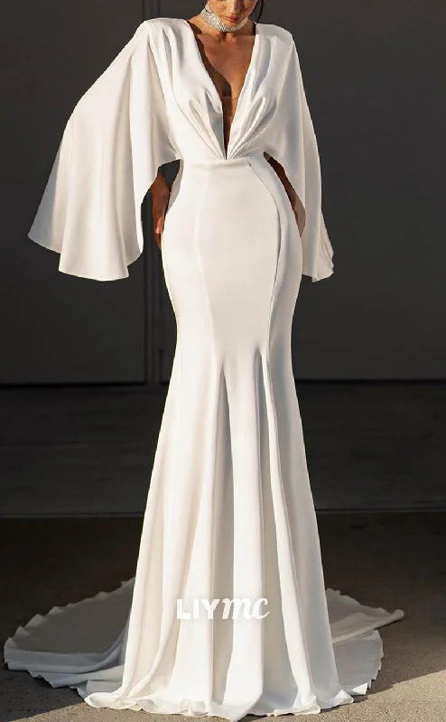 Fashion Forward LW852 - Low V-Neck Long Sleeves Pleated Sleek Satin Mermaid Beach Wedding Dress