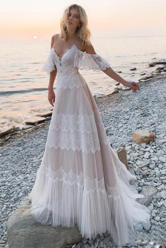 Break Fashion Norms Bohemian Wedding Dresses Tempting Nude Champagne V Neck Chic Sleeves Straps Ruffles Lace A Line Backless Bridal Gowns