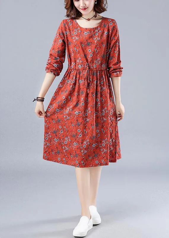 Wardrobe Essentials Chic Red Print Wardrobes O Neck Drawstring Loose Spring Dresses